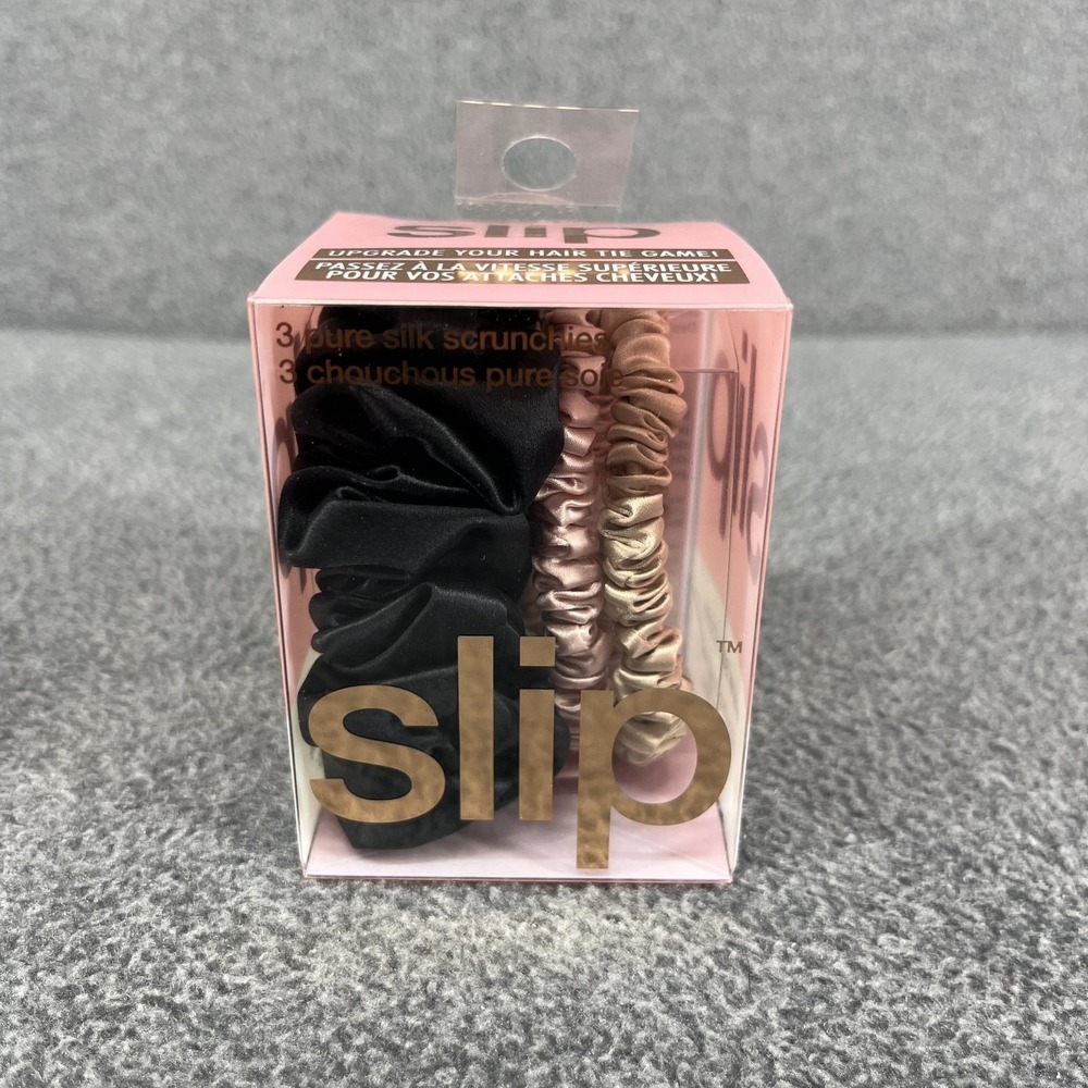 Slip Pure Silk Scrunchies Hair Tie 3 Ct -1 Large Black 2 Skinny Pink & Caramel